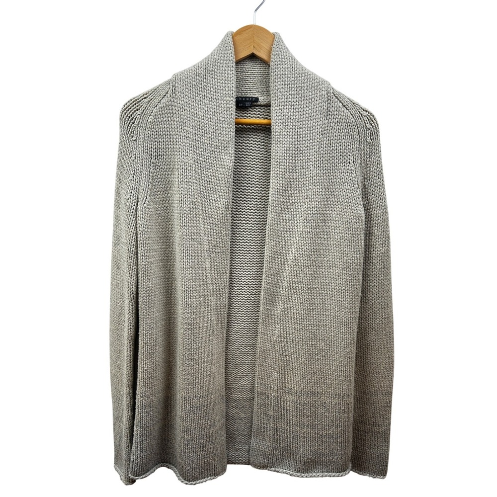 Theory Cardigan‎ Womens S/P Gray Open Front Chunky Knit Soft Wool Cotton Blend